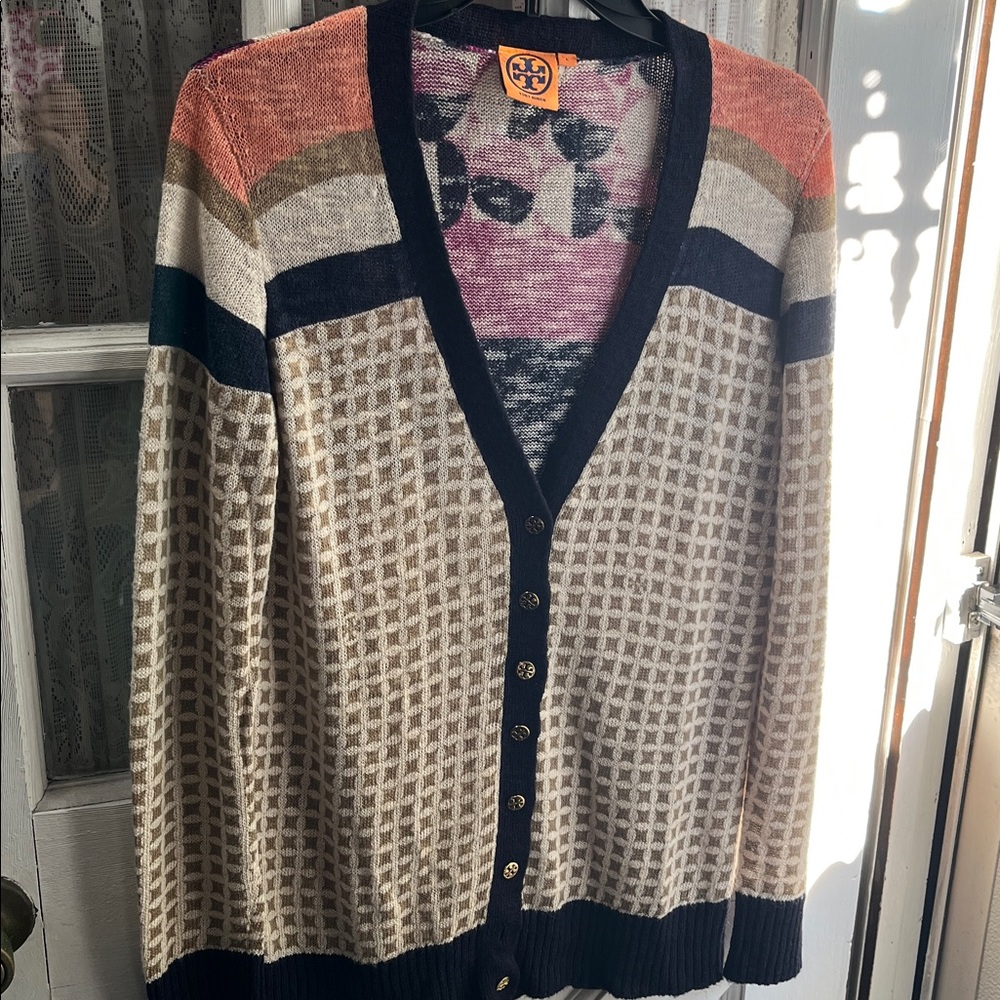 Tory Burch Colorblock Cardigan in Cream, Tan, and Black Classic